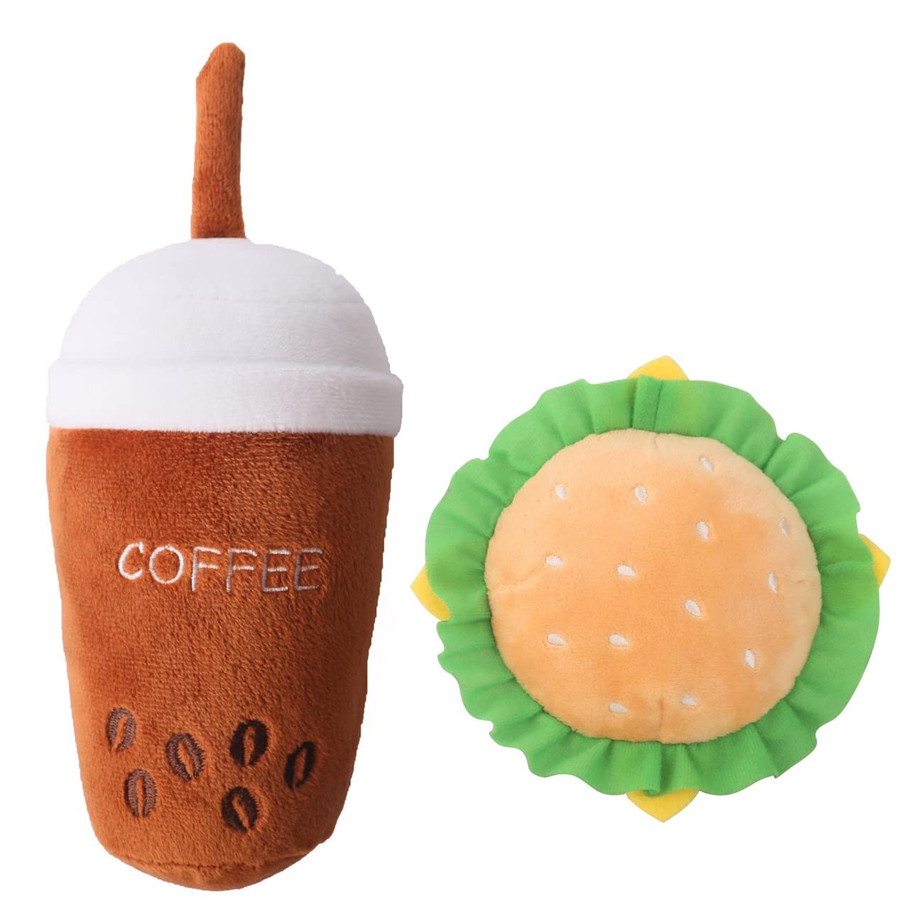 KUTKUT 2 Pack Squeaky Dog Toys, Non-Toxic and Safe Chew Toys for Puppy with Funny Food Hamburger Coffe Tumbler Shape, Durable Interactive Crinkle Plush Dog Toy for Small, Medium Dogs (B0B4DMGY9Q) Amazon Price History, Amazon Price Tracker