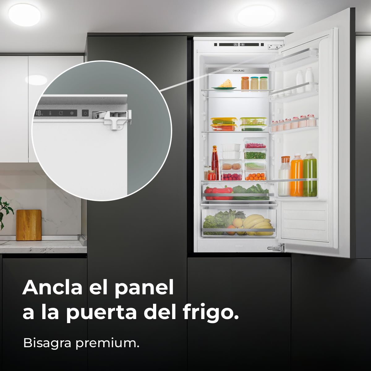 Cecotec Lodówka kombi do zabudowy, na stałe drzwi, 267 l, Bolero CoolMarket Combi BI-D FLW 267 E, wysokość 193,7 cm i szerokość 54 cm, Total No Frost, kompresor inwerterowy i ściana Full LED, niskie