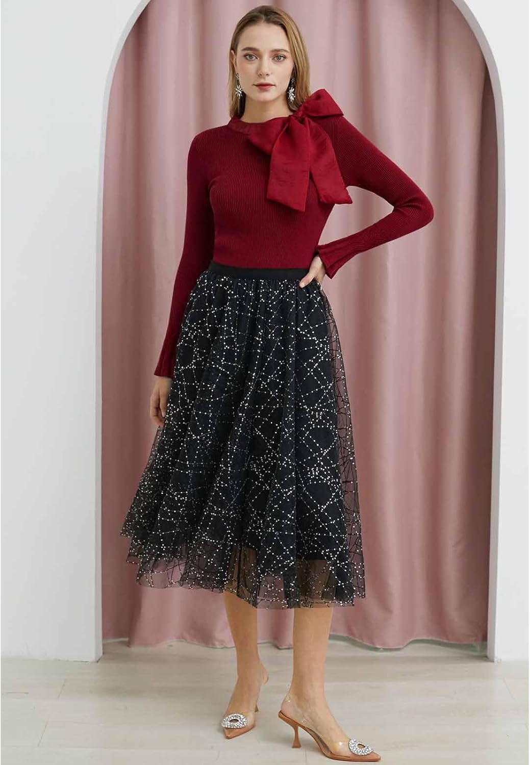 CHICWISH Women Bow Tied Long Sleeve Knit Top Mock Neck Slim Fitted Elegant Blouses Top Solid Wrap Pullover Tops - Image 3