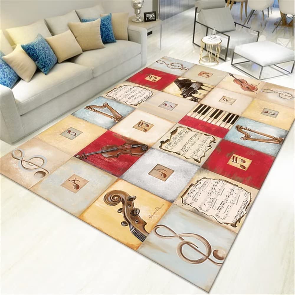 Tapis de salon rouge aux motifs musicaux : grand tapis de chambre durable et design