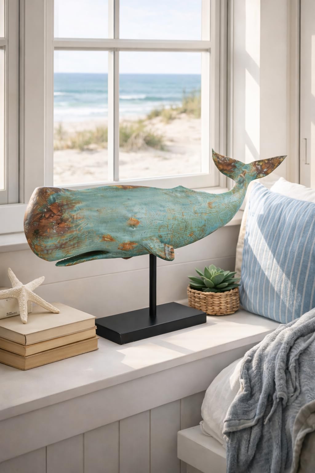 Wal Walfisch Fisch Dekofigur Statue Skulptur Standfuß Polyresin Modern - Maritime Deko für Wohnung in Holz-Optik - Dekoration für Wohnzimmer, Schlafzimmer oder Badezimmer - XXL 77x17,5x38,5 cm