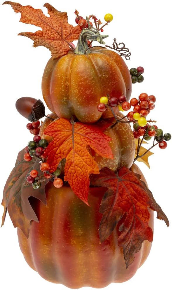 Boston International Thanksgiving Centerpieces and Fall Decorations Artificial Bouquet Centerpiece Decoration for Turkey Day, Harvest and Halloween, 12-inches, Stacked Pumpkin