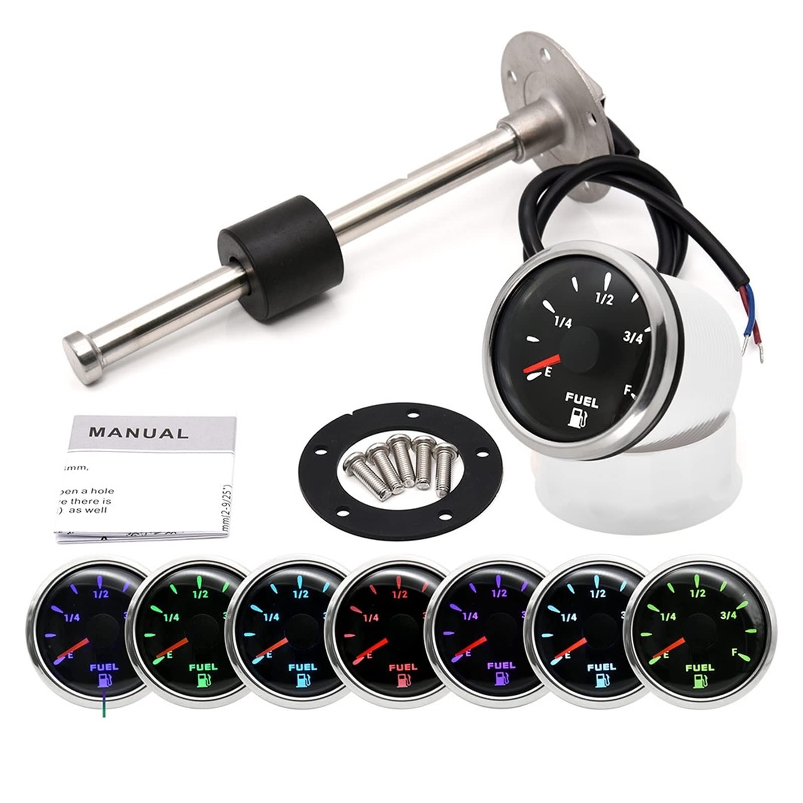 Czujnik poziomu paliwa, 52mm wskaźnik poziomu paliwa z 100-550mm czujnik poziomu paliwa 7 kolorów łódź morska Car Point miernik poziomu paliwa w zbiorniku oleju(BS with 350mm sensor)