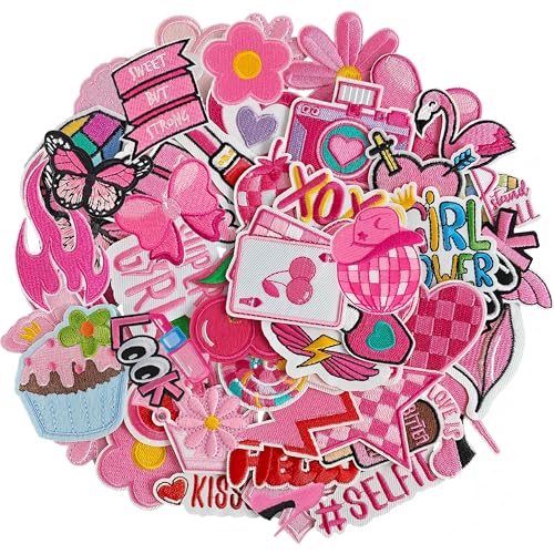 TACVEL 45 Pieces Pink Iron on Patch Girls Iron on Patches Set Sew on/Iron on Embroidered Patch Applique for Clothes Dress Hat Jeans DIY Accessories