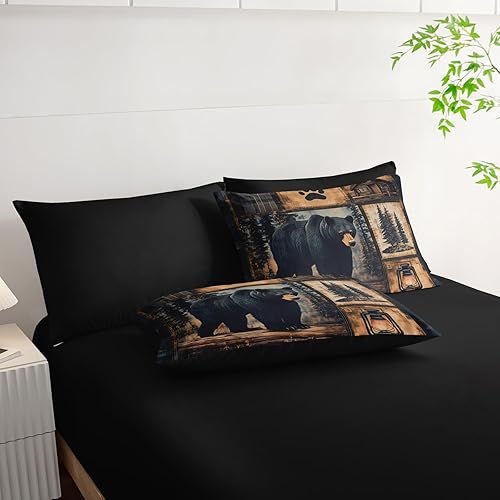 Miniatura 7 de AILONEN Juego de edredón de oso rústico negro, tamaño individual, cama suave de 7 piezas en una bolsa, edredón retro de caza de vida silvestre,