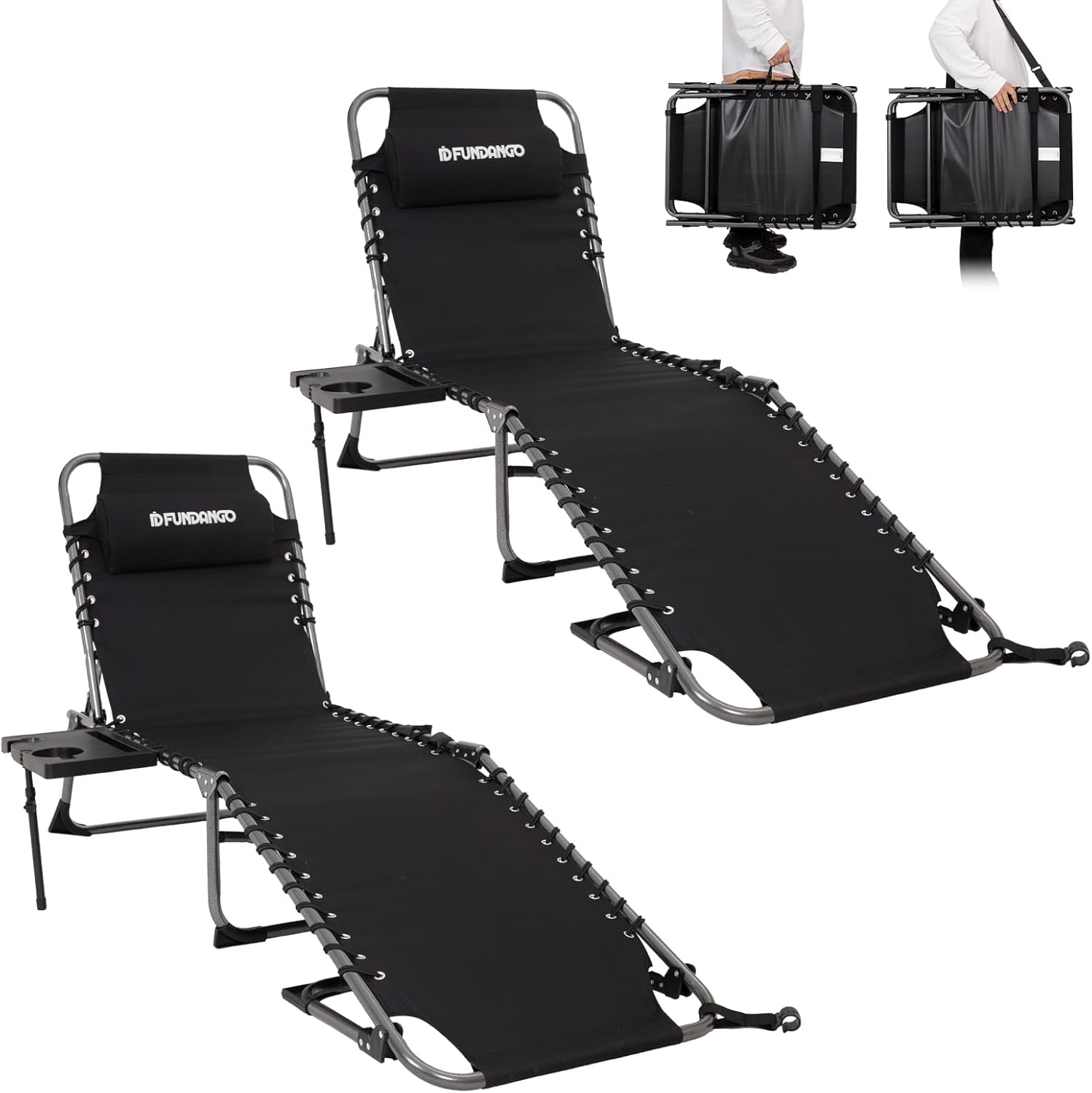 FUNDANGO Outdoor Folding Chaise Lounge Chair for Beach, Sunbathing, Pool Adjustable 5-Position Portable Camping Reclining Lounge Chair Patio Chaise Lounge Chair with Pillow Side Table Black/2 Pack With Side Table