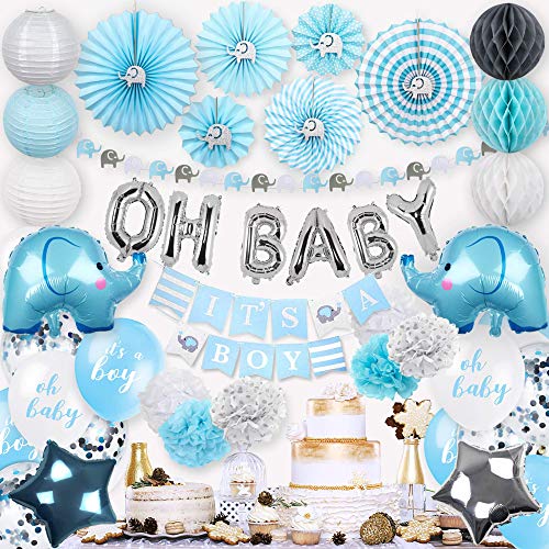 NAHA FLUME Elephant Baby Shower Decorations for Boy | 180pc Blue & Silver OH BABY Boy Baby Shower Decorations | Its a Boy Decorations for Baby Shower Boy Decor | Baby Boy Shower Decorations Theme