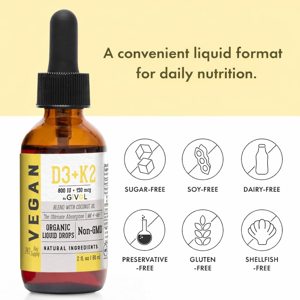 D3 + K2 Liquid Drops with MK-4 & MK-7 –Non-GMO, Gluten-Free, Sugar-Free, Easy Absorption, Liquid Spray for Kids & Adults - 2 Fl Oz/60 ml, 240 Day Supply