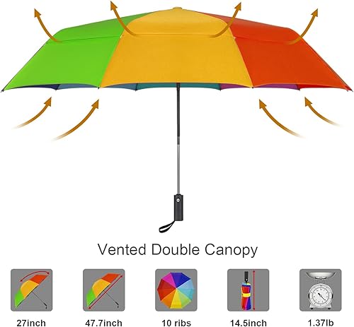Miniatura 2 de Lejorain Paraguas grande de golf resistente al viento, 54 pulgadas, doble capa, arco iris, 10 varillas, paraguas plegable de viaje, compacto, cierre