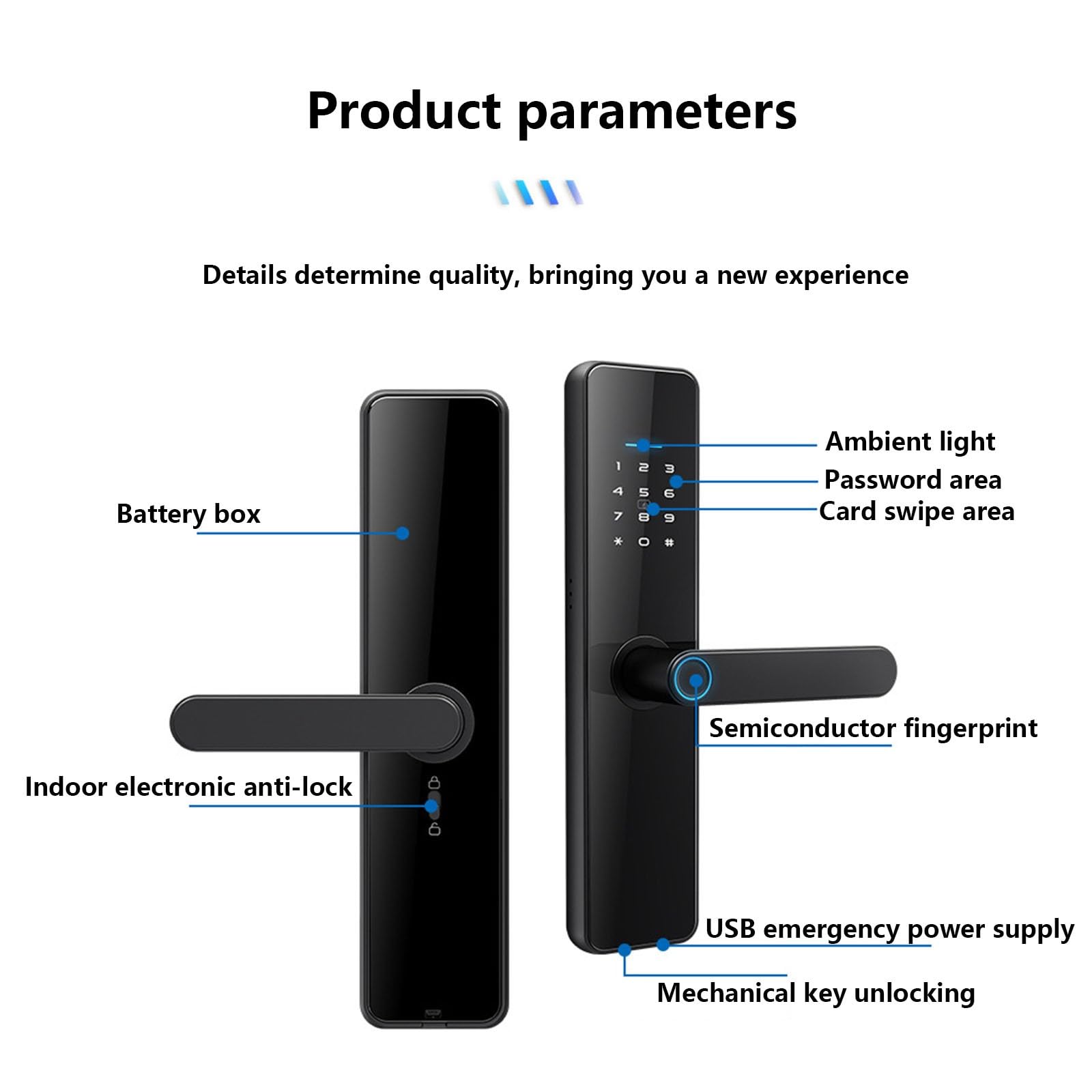 Inteligentny zamek do drzwi, odcisk palca, Tuya Smart zamek do drzwi, Bluetooth, inteligentny zamek z czytnikiem linii papilarnych, do drzwi o grubości 45-80 mm, czarny
