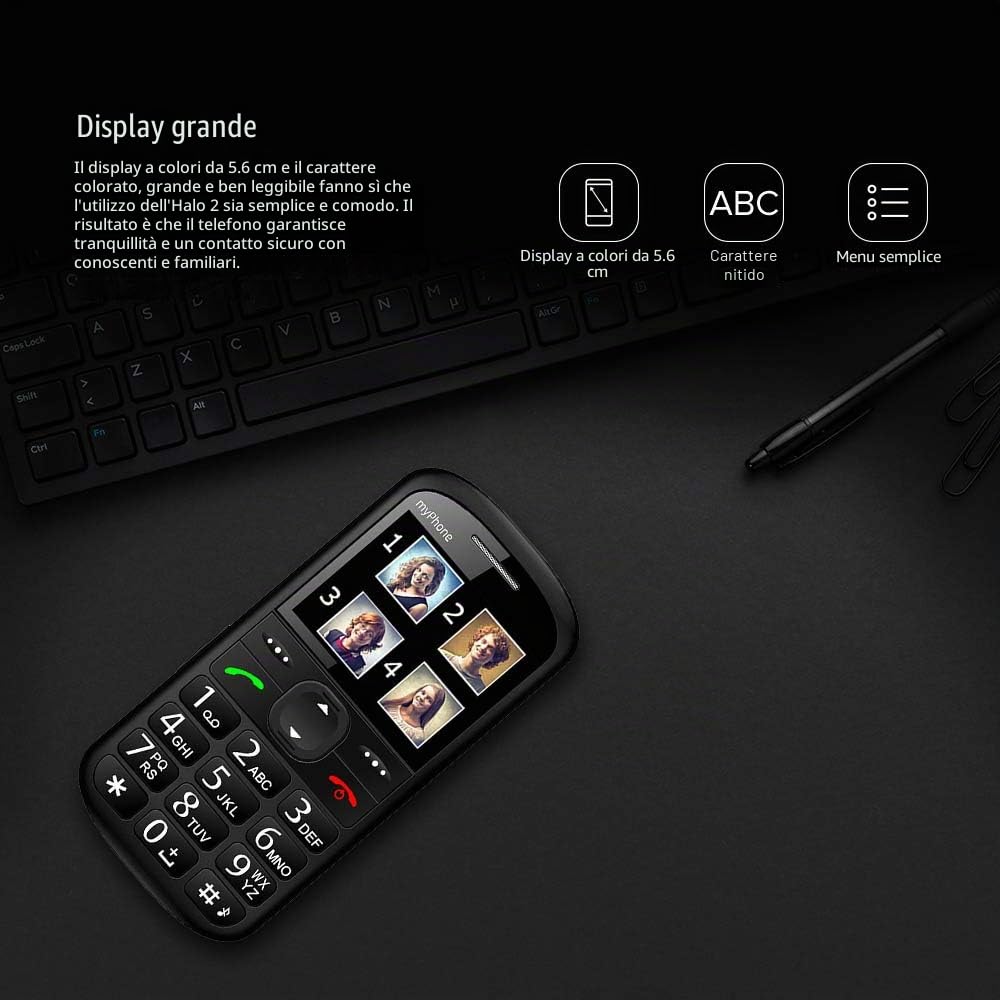 MP myPhone Halo 2 nero, Telefono cellulare per anziani con tasti grandi, pulsante di emergenza SOS, 2,2" Display, 900mAh Batteria, Base di ricarica