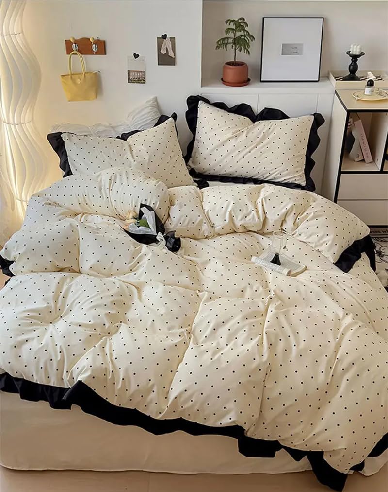Bettbezug 135X200 mit Rüschen und Punkten – Weiches Gewaschenes Mikrofaser-Bettwäsche-Set für Mädchen und Frauen, Wendbare Französische Bettbezüge mit Rüschen, Kissenbezügen und Reißversch