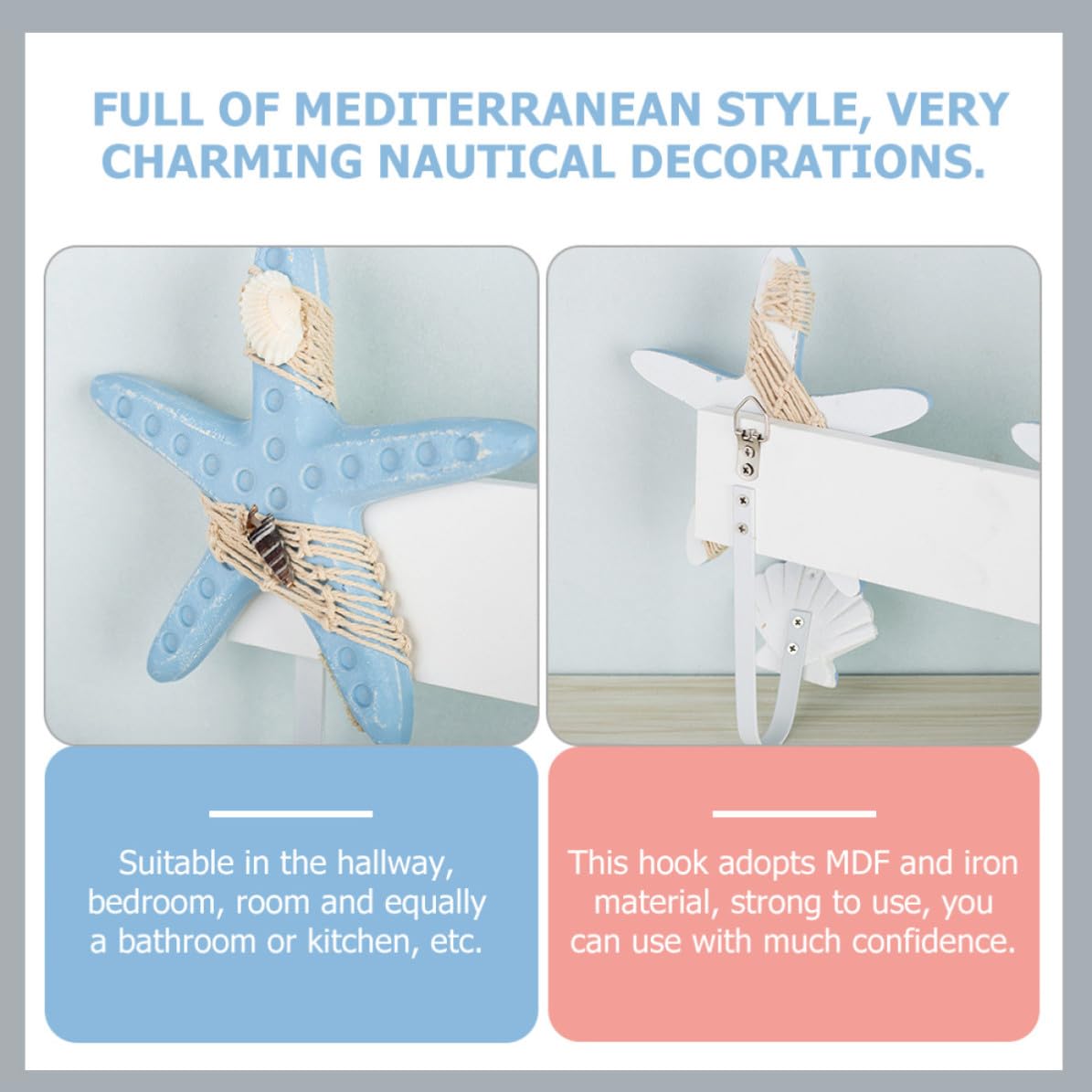 Perchero Práctico para Embellecer el Hogar y Pasillos Gancho Estilo Mediterráneo de Pared Colgante con Diseño de Figura Marina, Material Mdf y Hierro