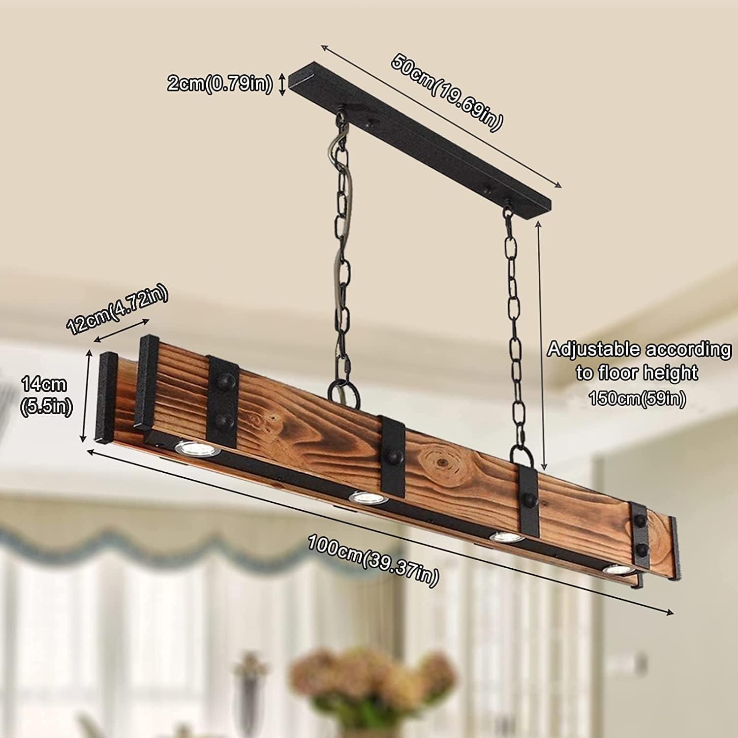Lampada a Sospensione lineare a LED in Legno da 39", Isola Cucina, 4 luci, Stile Rustico, Fattoria, Vintage, Industriale, lampadario a Sospensione per Sala da Pranzo, Tavolo da bil
