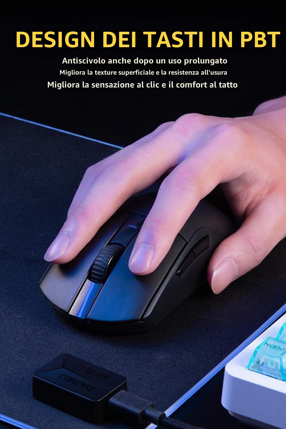 DAREU A950pro mouse gaming wireless 4K 55g ultra leggero, frequenza di polling 4 kHz, sensore ottico PAW3395, DPI 26K, 5 pulsanti programmabili, supporto 15 minuti di ricarica rapida e connessione