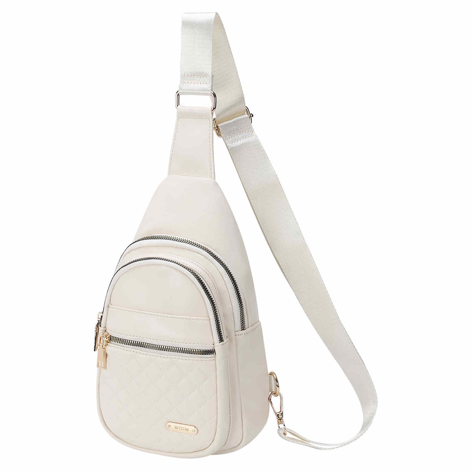 DTGN PU Leather Small Sling Bag Mini Crossbody Backpack Daypack - 7.9" Good for Hiking Travel Running Cycling Sports - White