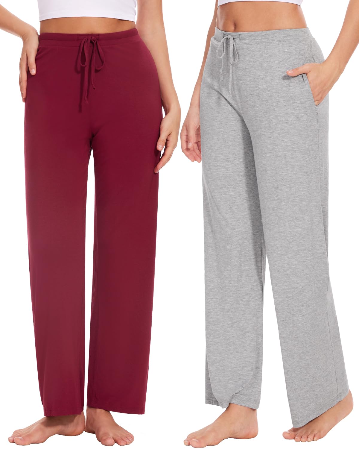 Knuffnee Damen Schlafanzughose Lang Pyjamahose Weiche Jogginghose Freizeithose mit Taschen 2 Pack