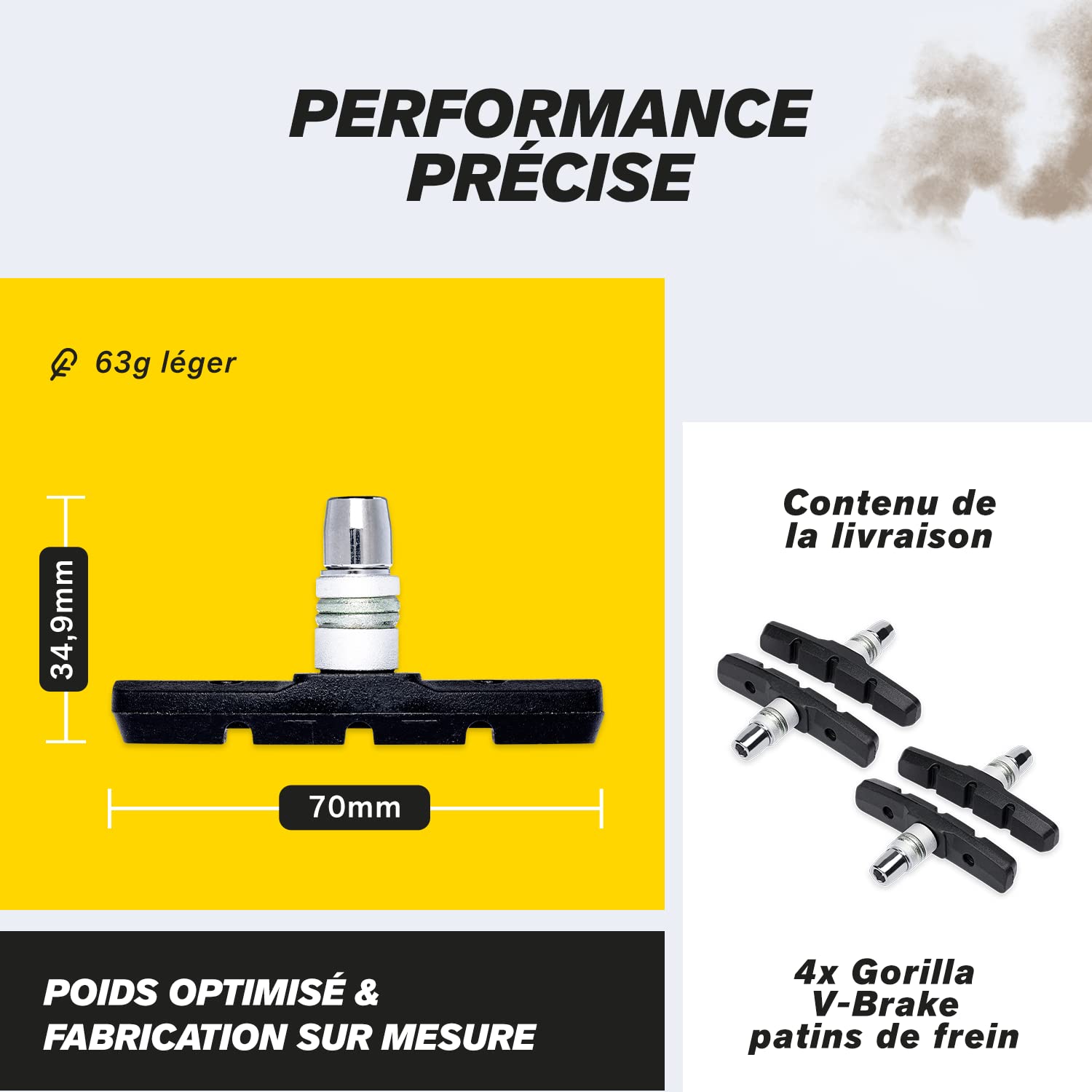 Plaquettes Frein V-Brake 72mm Asymétriques - 2 Paires Compatibles Shimano, Tektro, SRAM