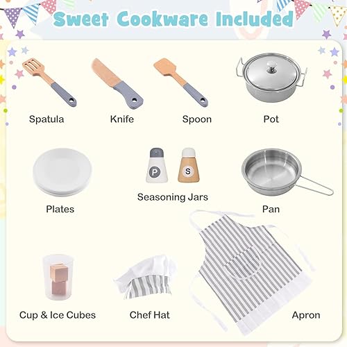 Miniatura 6 de Juego de cocina esquinera de madera para niños con luces y sonidos, juego de cocina de juguete con juego de chef, cocina para niños pequeños con