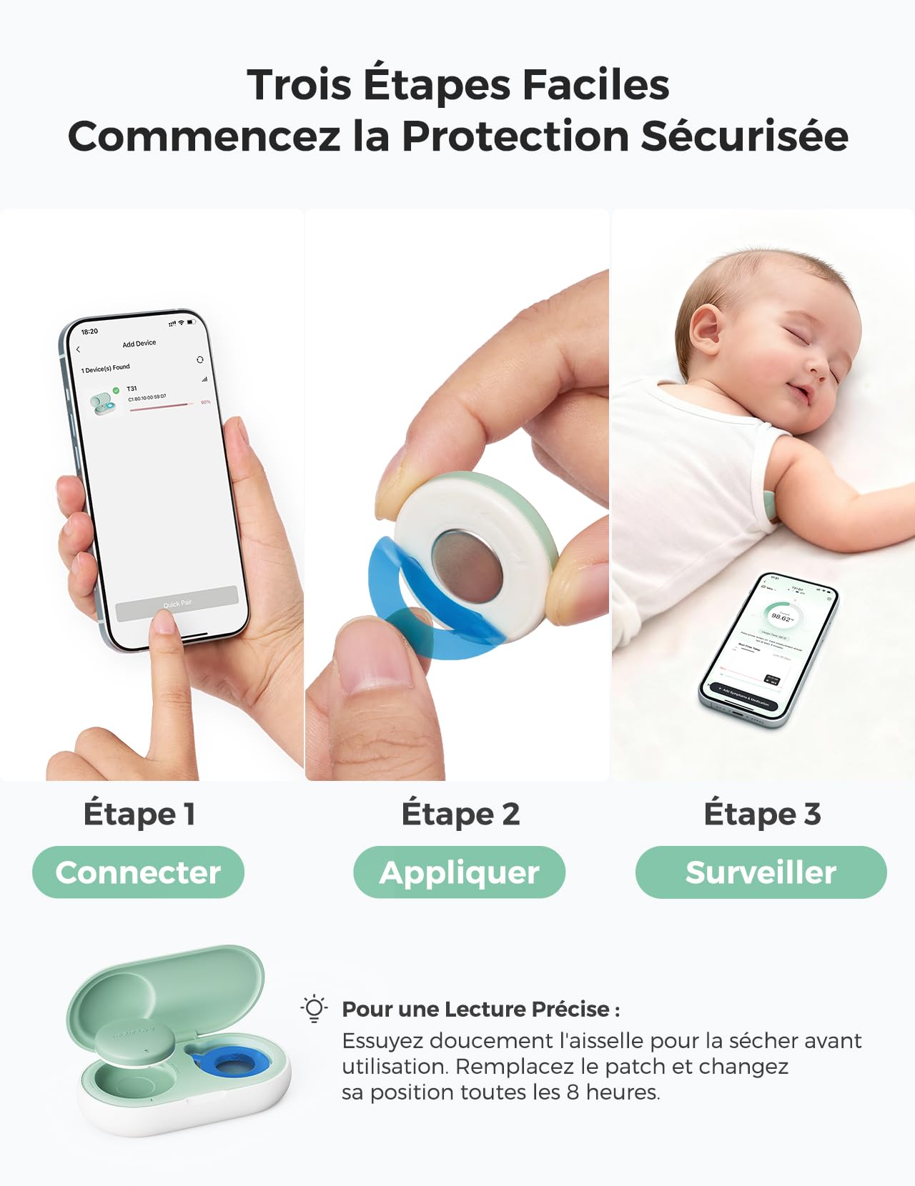 Thermomètre Numérique Portable Momcozy pour Bébé, Qualité Médicale, Lectures Instantanées, Suivi en Temps Réel via Application pour Nourrissons et Enfants, Bluetooth, Vert