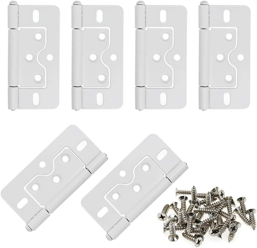 3 Inch Non-Mortise Hinges 6Pcs, White Heavy Duty Door Hinges for Barn Doors, Cabinets & Bifold Doors, Iron Construction with Mounting Screws