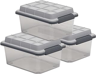 Curver Set of 3 Small Latch PRO 17QT Heavy Duty, Water Resistant Plastic Organization and Storage Box with Extra Capacity Latching Lid, Transparent Grey