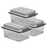 Curver Set of 3 Small Latch PRO 17QT Heavy Duty, Water Resistant Plastic Organization and Storage Box with Extra Capacity Latching Lid, Transparent Grey