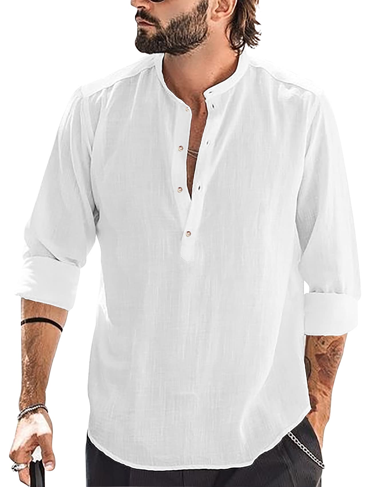 HestenveMens Linen Henley Shirt Casual Long Sleeve T-Shirt Summer Beach Plain Tee Tops