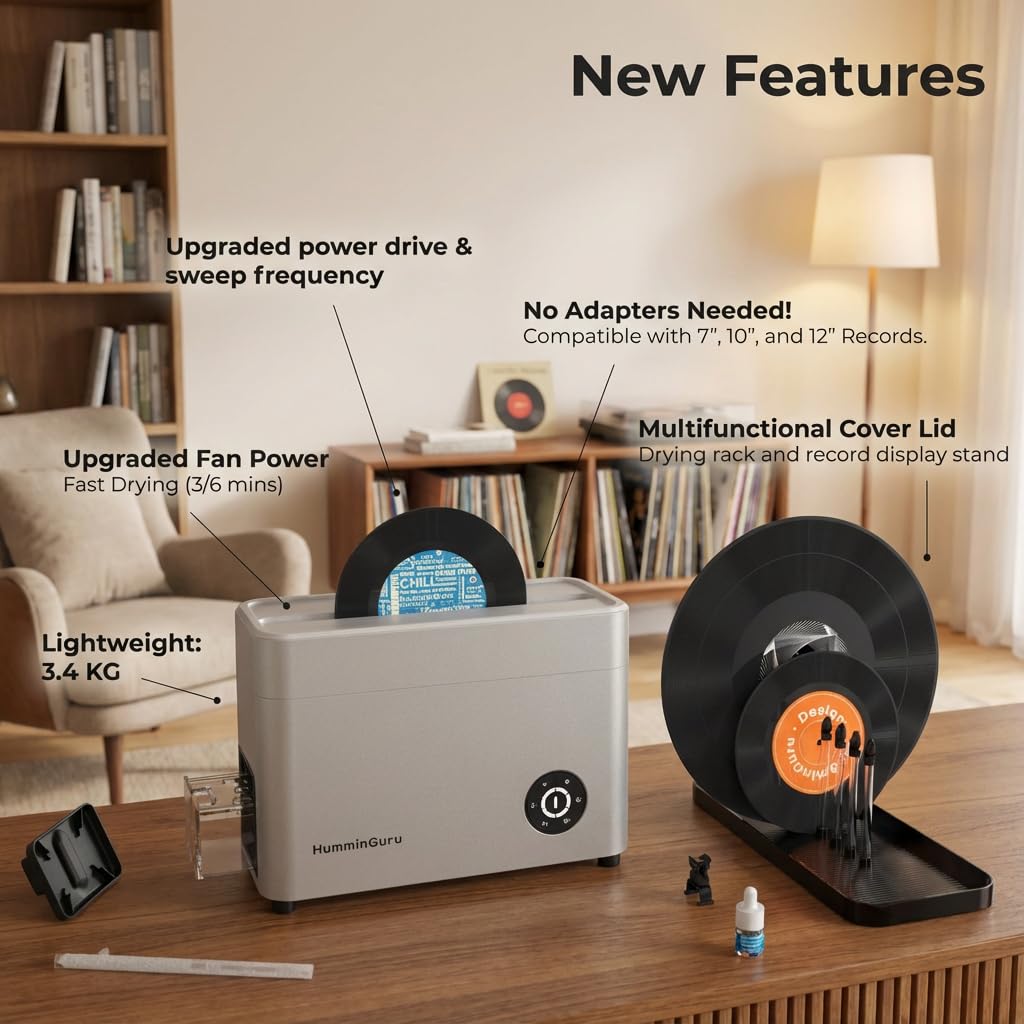HumminGuru Ultraschall-Schallplattenreiniger – 40-kHz-Ultraschall-Schallplatten-Reinigungsgerät mit automatischer Trocknung, schallplatten reinigungsset mit wasserfilter (Weißer Sand, 7/10/12 Zoll)