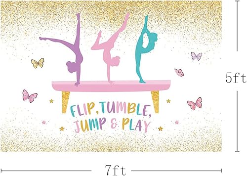 Miniatura 9 de MEHOFOND Telón de fondo de gimnasia de cumpleaños para niñas, gimnastas, volteador, saltar y jugar, suministros de decoración de fiesta, fondo de
