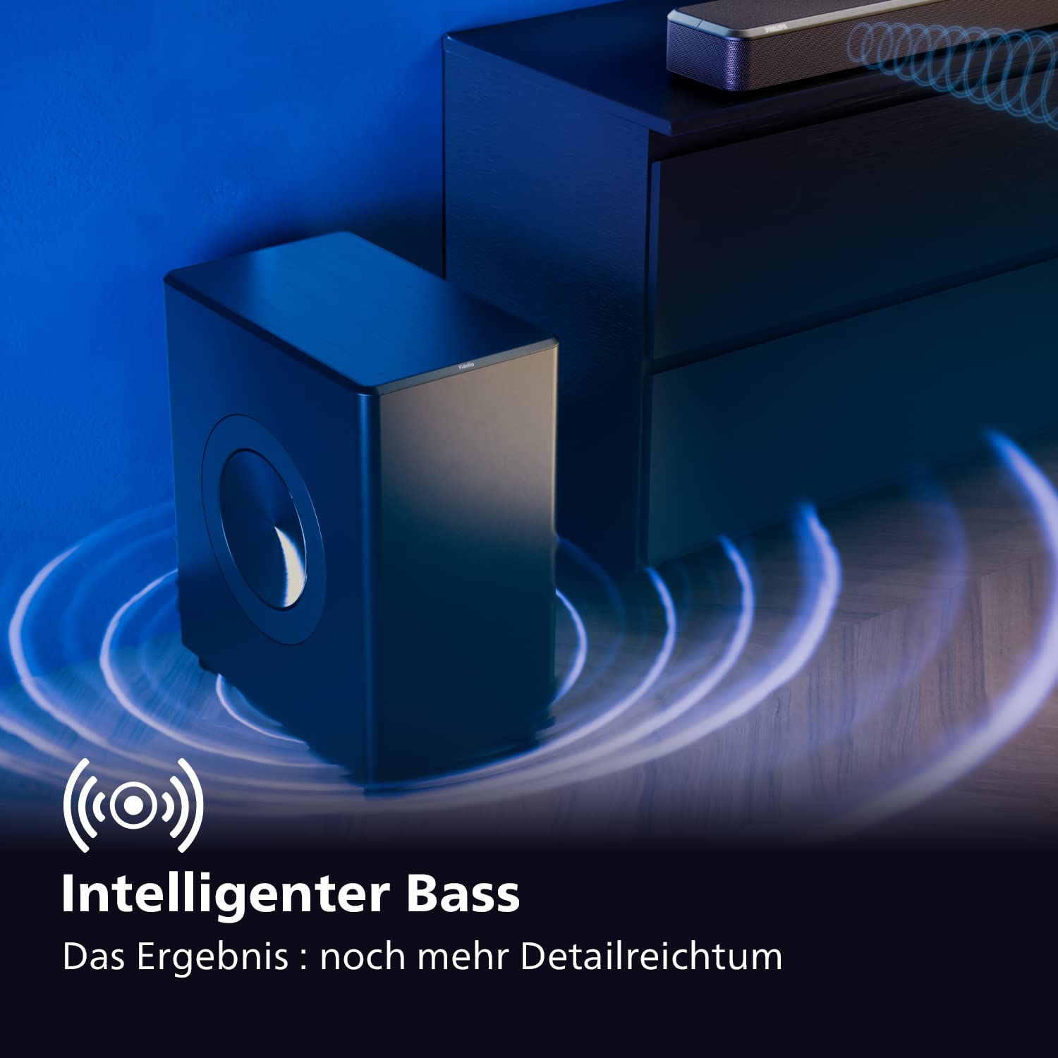 Philips Fidelio FW1 Kanal Kabelloser Subwoofer | 420 W | Cinematischer Sound | tiefer Bass für Heimkino & Musik | Gebürstetes Metall und Lederverarbeitung | DTS Play-Fi & RCA Anschluss