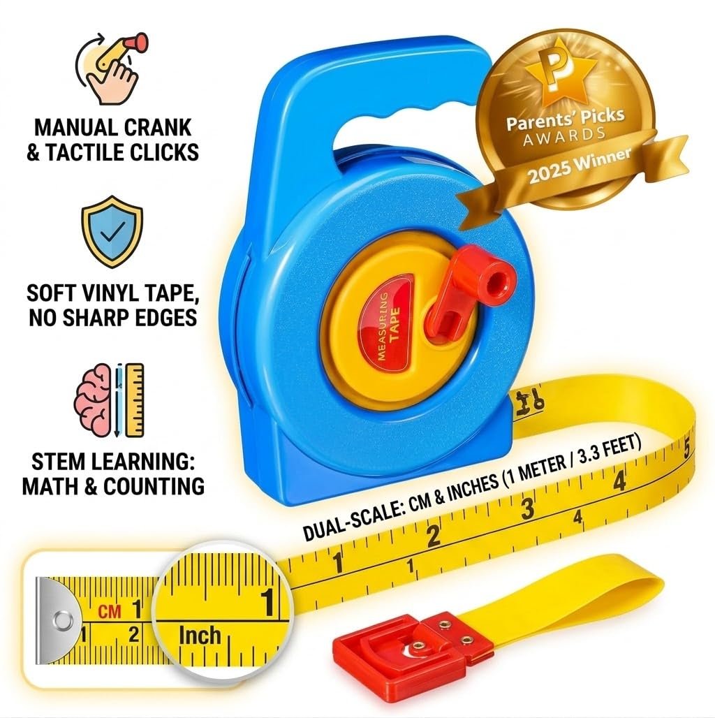 Measuring Tape Retractable Soft Tape Measure 3 Feet./1M Long Dual-Scale for Kids-Retractable Measuring Toy, Early Education Stem，Pretend Play for Toddlers, Height Measurement Counting Tool,Fine Motor