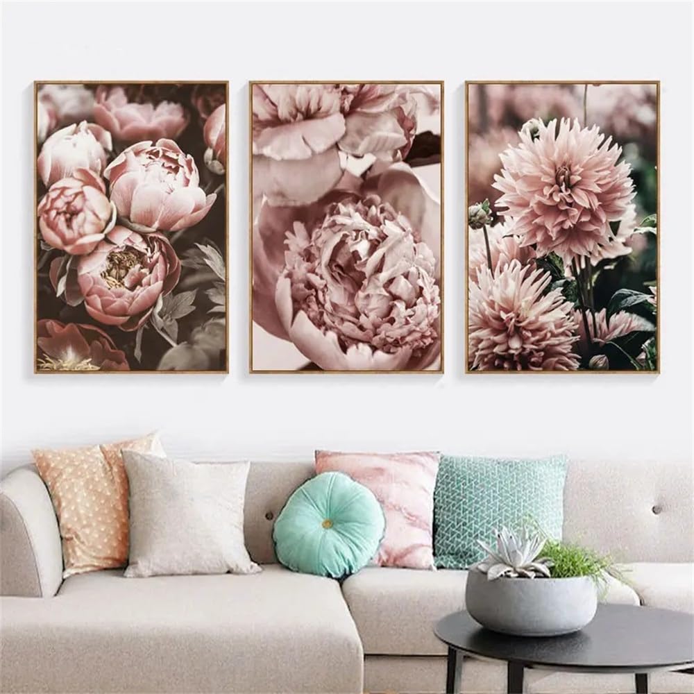 WUHBCZ Canvas Paints-Nordic Peony Flowers Plant Canvas Painting and Posters Floral Wall Art Rose Pictures Print for Living Kitchen Bedroom Room Home Decoration-60 * 70cm/3PCS (No Frame)