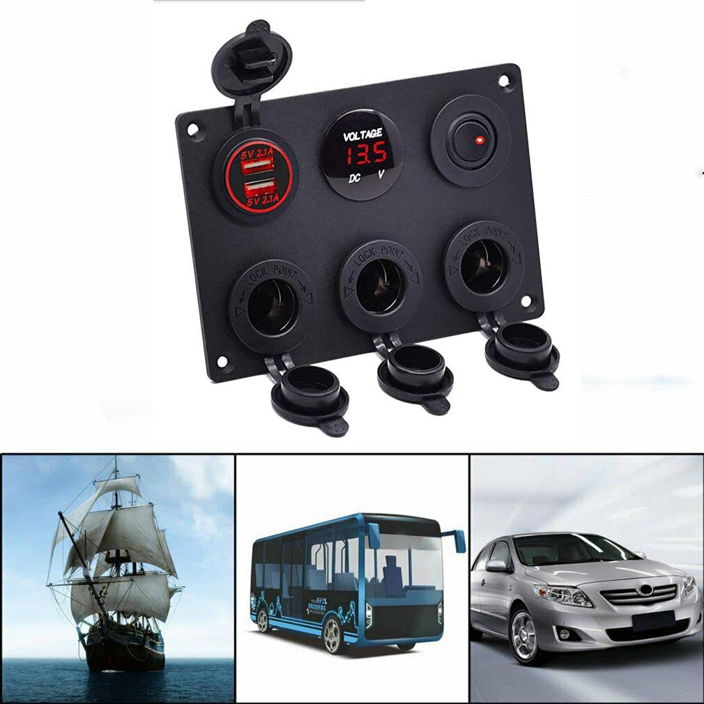 Panneau de commande de voiture 12V/24V avec double chargeur USB Prises de chargeur allume-cigare, panneau de commande de commutateur pour voiture, bateau, caravane marine, rouge