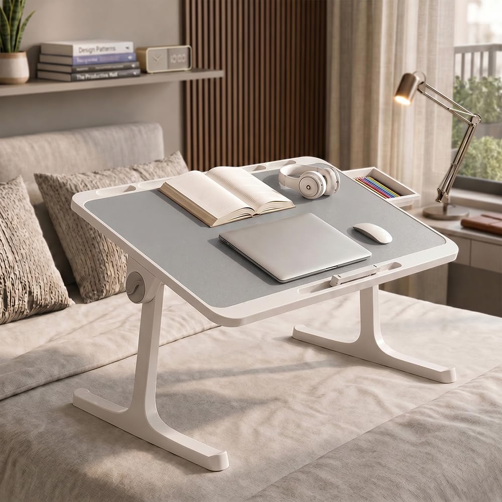 staranddaisy t9 foldable bed table for laptop & study, 4-level adjustable angled tabletop, large desktop surface with anti-slip stopper, tablet & phone slot, storage drawer, stable legs, pp & tpe