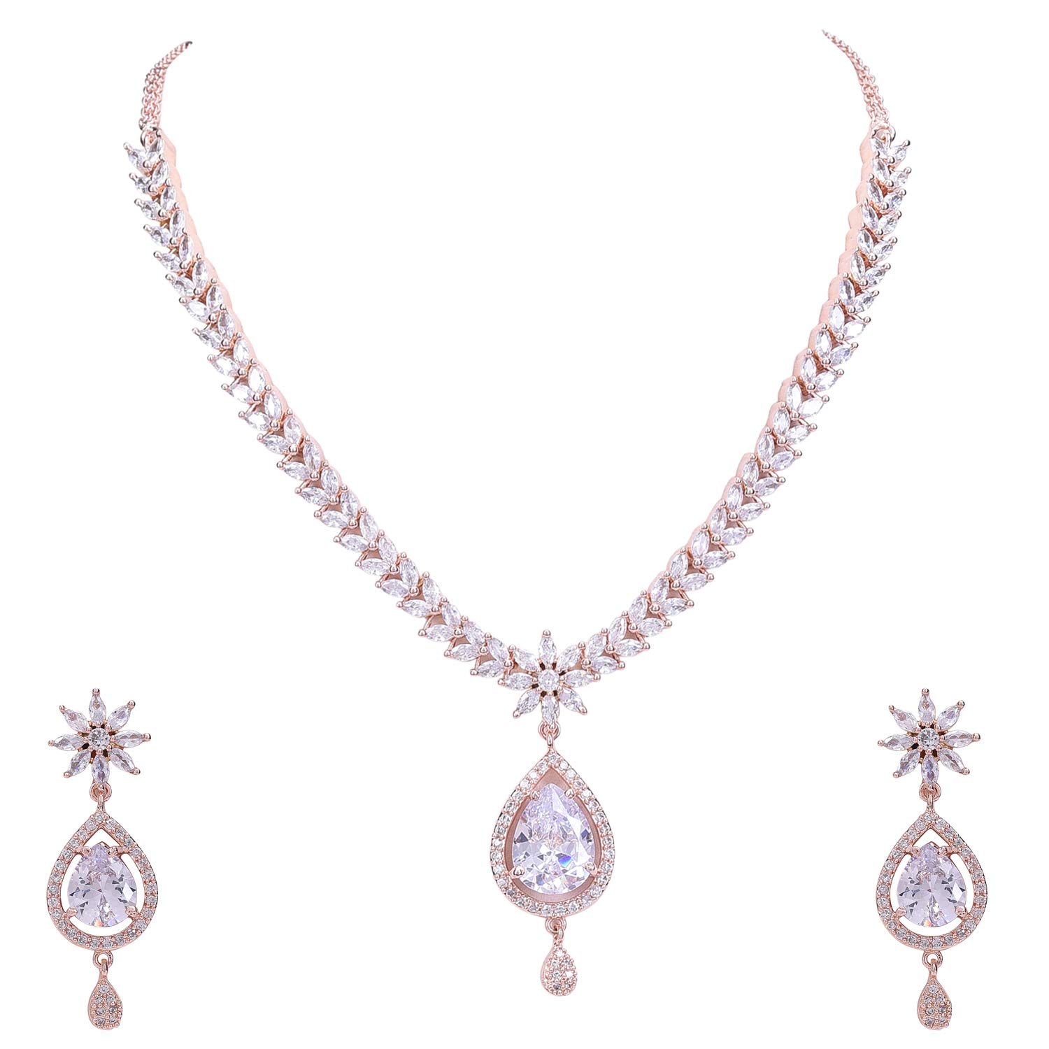 Sponsored Ad - Brass Rose Gold and American Diamond Necklace Pendant Set With Earrings for Women & Girls (White)