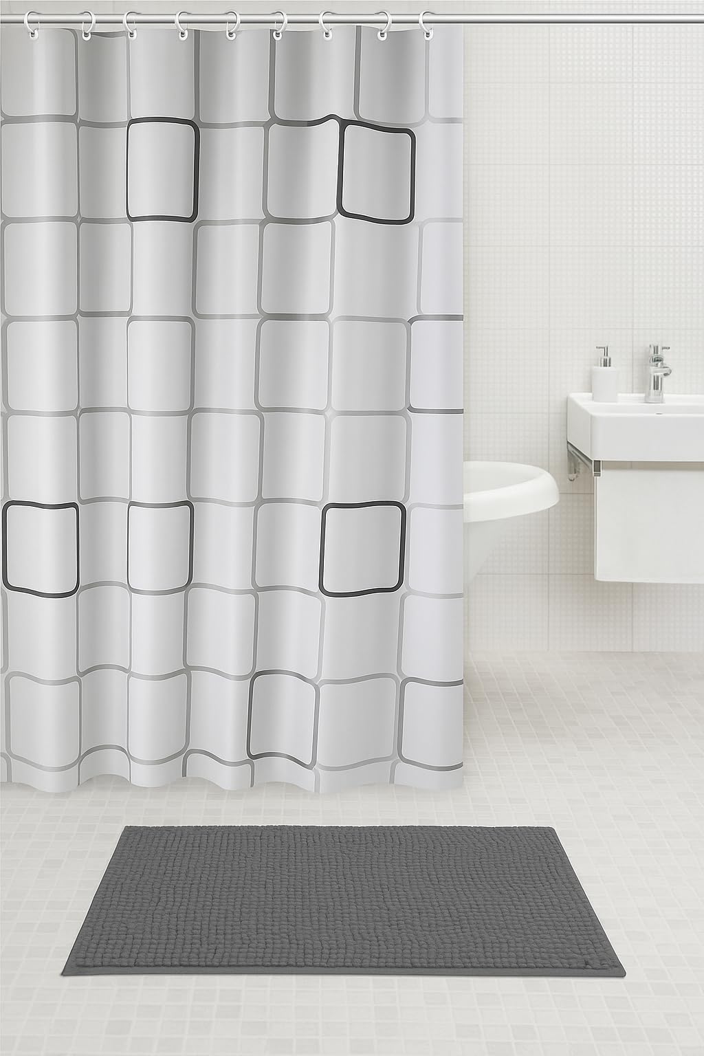 Adore Home PEVA Shower curtain & Chenille Bath Mat Set Matching, Slate Blocks