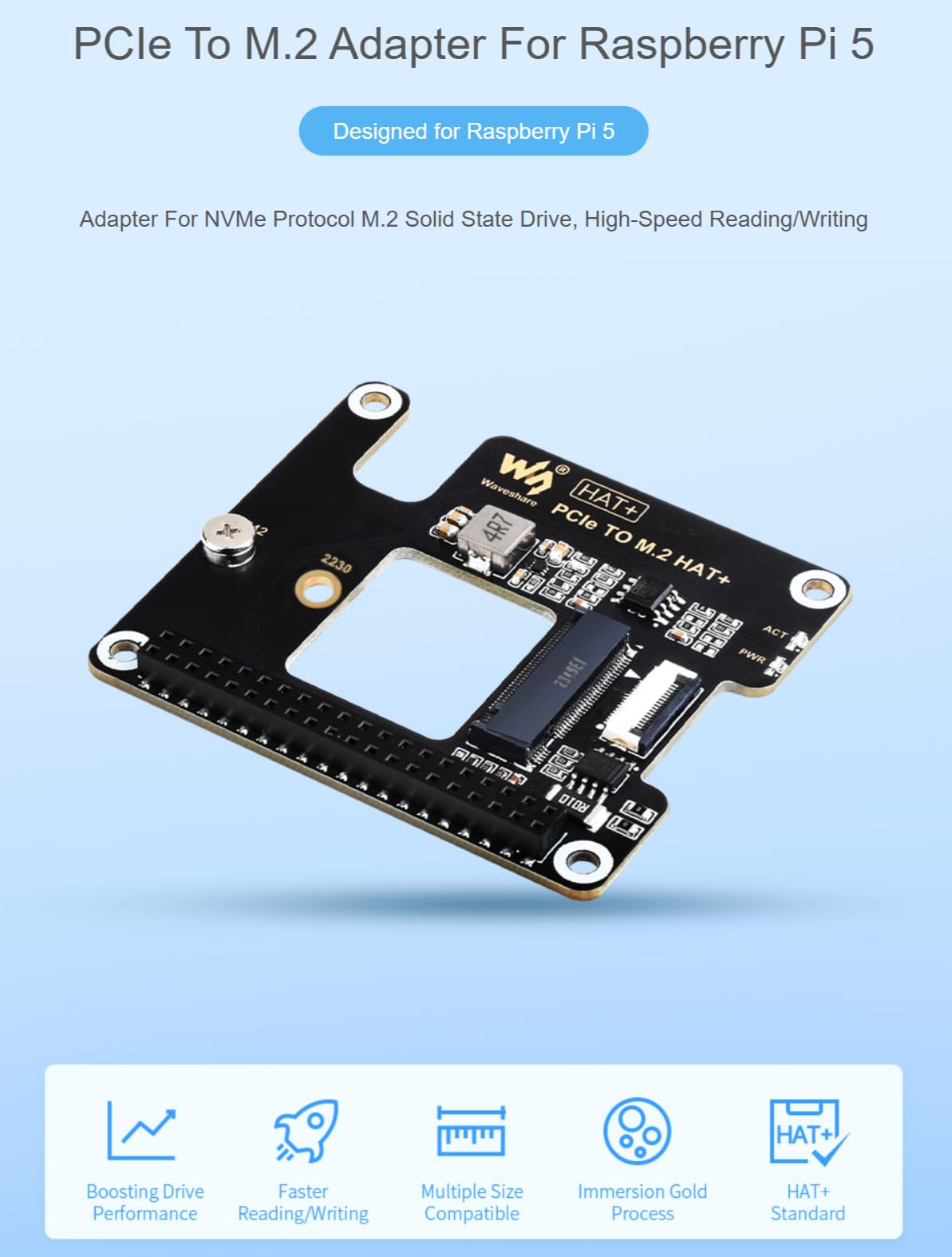 TUOPUONE PCIe To M.2 Adapter Compatible with Raspberry Pi 5 Supports NVMe Protocol M.2 Solid State Drive High-speed Reading/Writing HAT + Standard With SK-NVME 2242 256G Solid State Drive