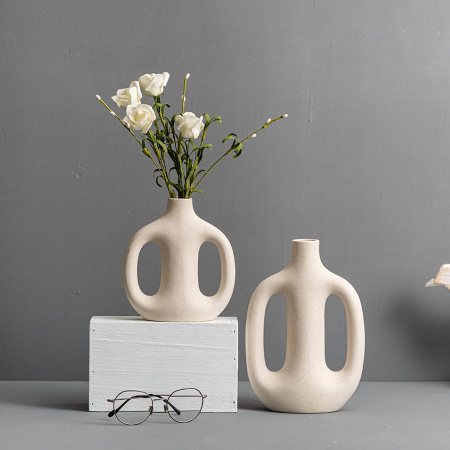 PUREZENTO White 'O-LINE Donut' Ceramic Vase Set of 2 (9.4 & 7 Inches) | Modern Decorative Flower Vase for Living Room, Home & Office Decor | Vases for Pampas Grass, Fresh, Dried & Artificial Flowers-picture-16