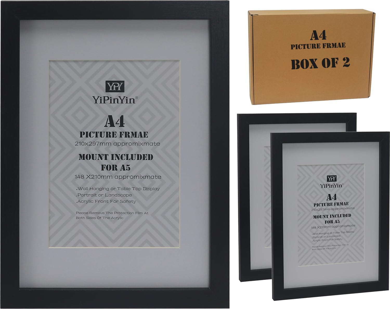 Black A4(21x29.7cm) Picture Frame with Mount for A5 set of 2, Black A4 Document Frames With