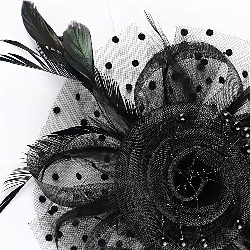 Image of DRESHOW Fascinators Hat Flower Mesh Ribbons Feathers on a Headband and a Clip Tea Party Headwear for Girls and Women