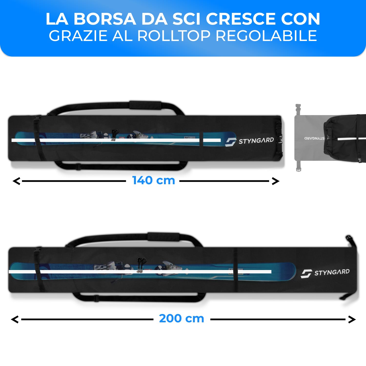 STYNGARD Sacca porta sci con chiusura a rotolo [140 cm - 200 cm] - Borsa sci in materiale resistente con cerniere di alta qualità - Modello Helsinki