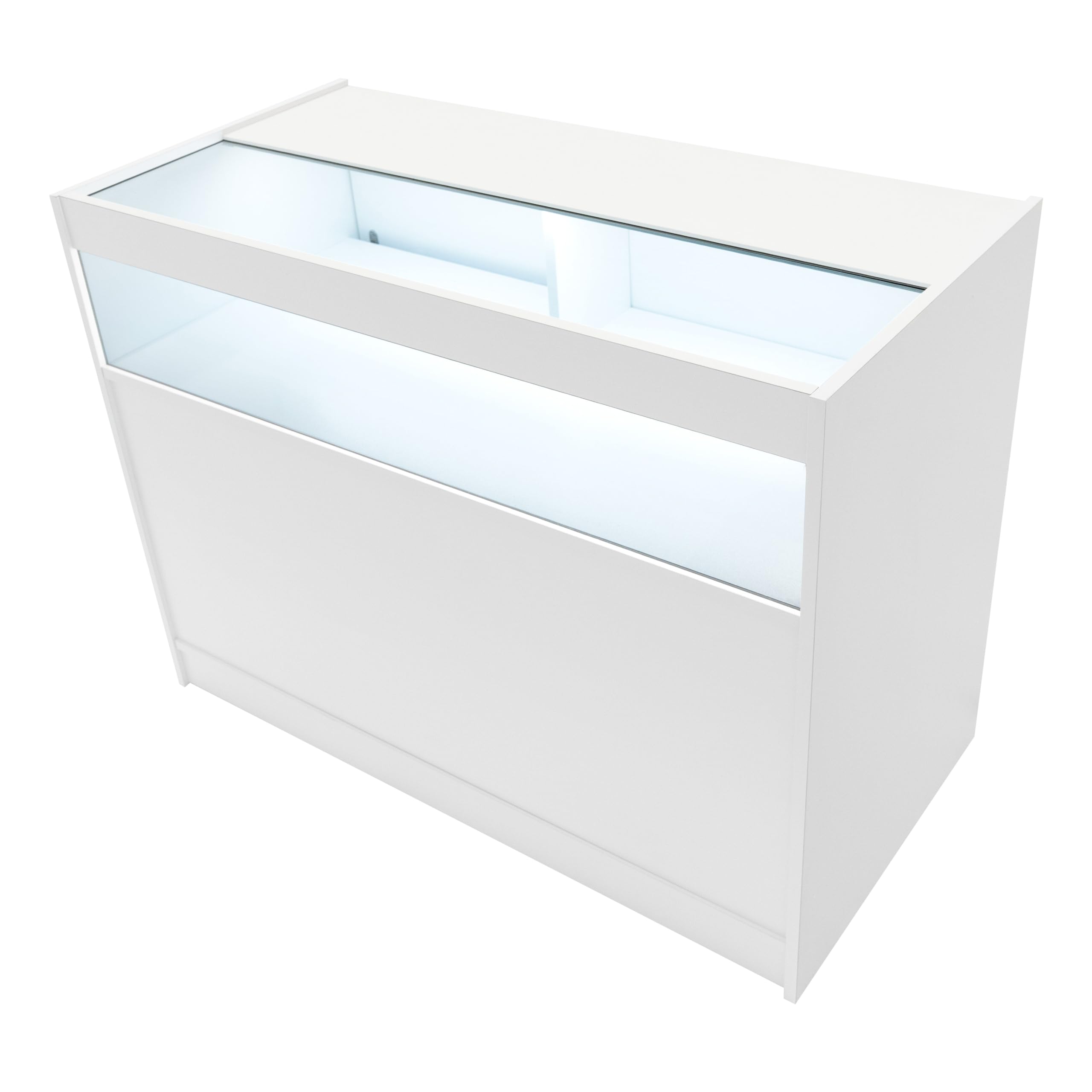 Set Banconi Negozio Bianco con LED Luna – Vetrina B1200, CM60 Angolare, TB60 con Serratura e Ripiani – Espositori in Vetro Temperato per Negozi, Gioielli, Abbigliamento, Cassa, Illuminazione