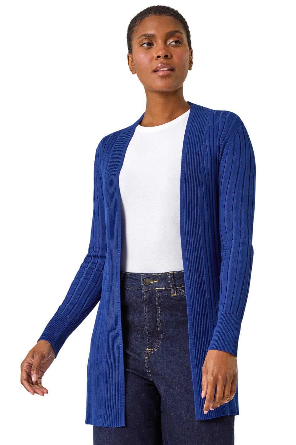 Roman Originals Women's Royal Blue Ribbed Edge To Edge Cardigan For Uk - Autumn Everyday Winter Holiday Pull-On Long Sleeves Comfy Soft Vacation Work - Size 10