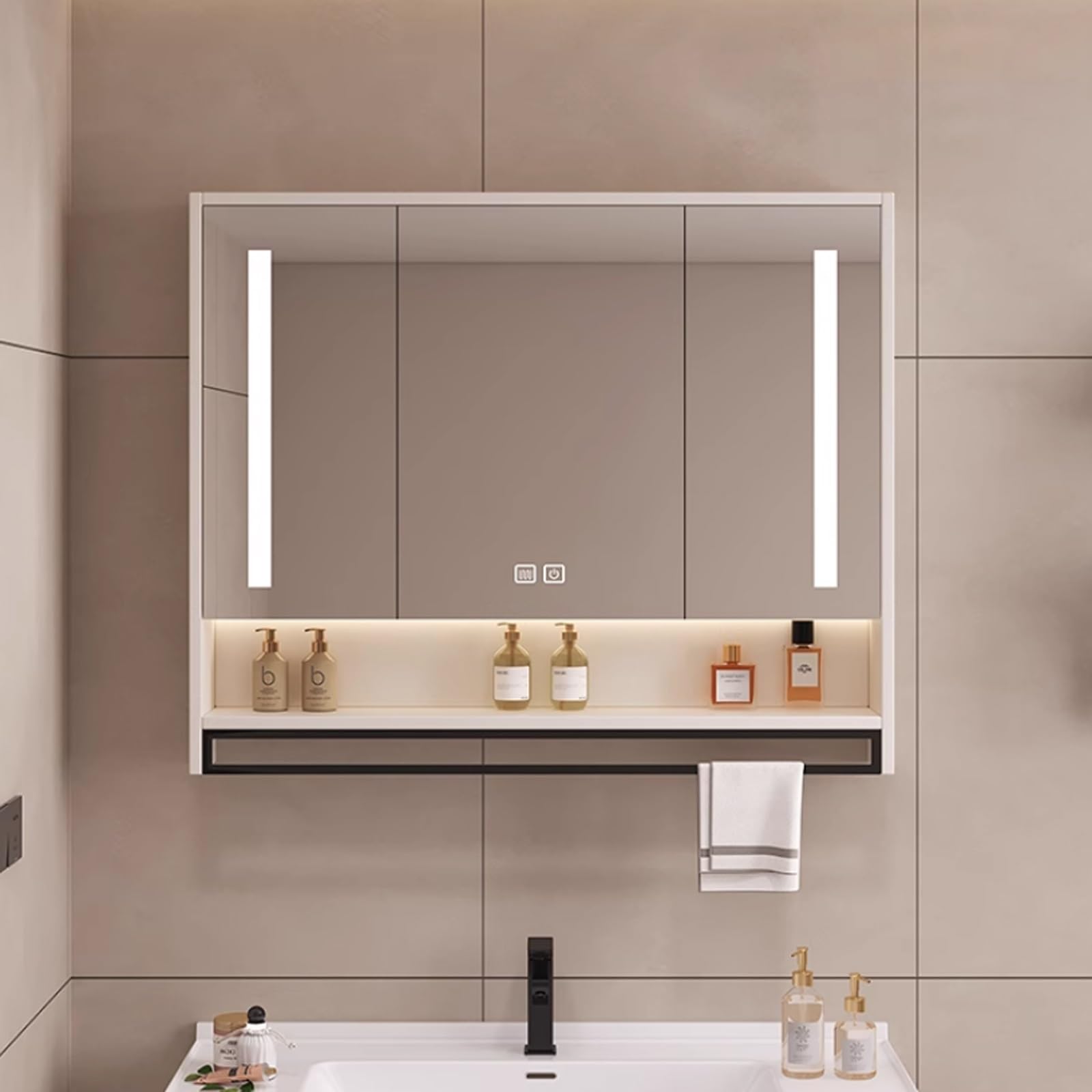 LED Armario de Baño Rectangular con Luz LED madera maciza,Armario con Espejo Antivaho de Maquillaje Inteligente,Gabinete De Espejo De Tocador De Baño Montado En La Pared,Con toallero,(White,90*13*65cm