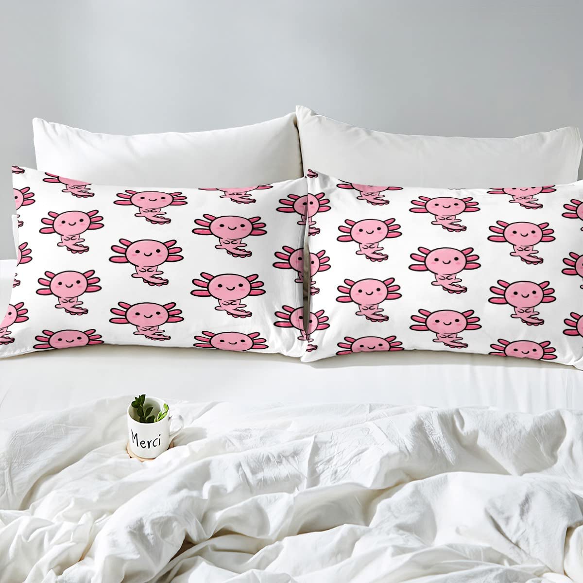 Loussiesd Set di biancheria da letto per bambini, ragazzi e ragazze, motivo animali marini in stile cartone animato Axolotl, 4 pezzi, per letto matrimoniale, 1 lenzuolo con angoli + 2 federe