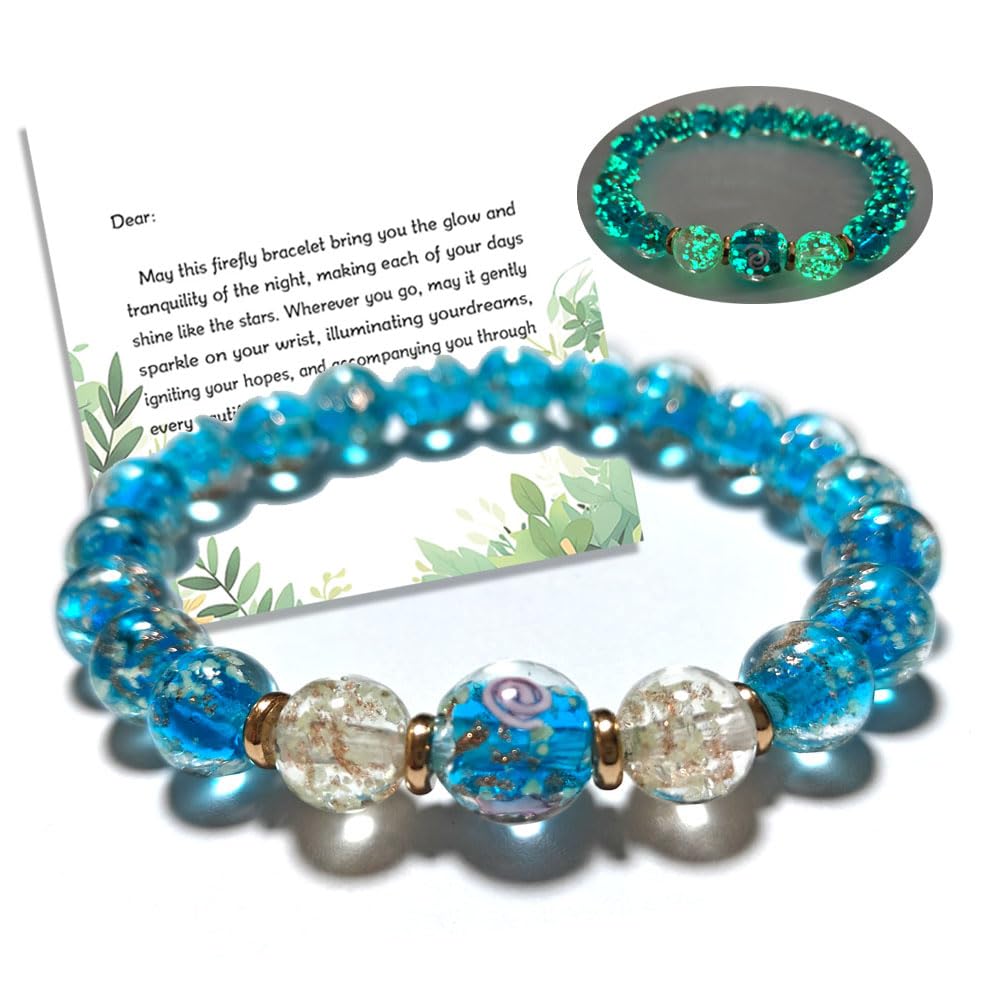 Glow in The Dark bracelett handmade firefly glass bracelet, glass bead elastic bracelet for men and women holiday gifts（lake blue）