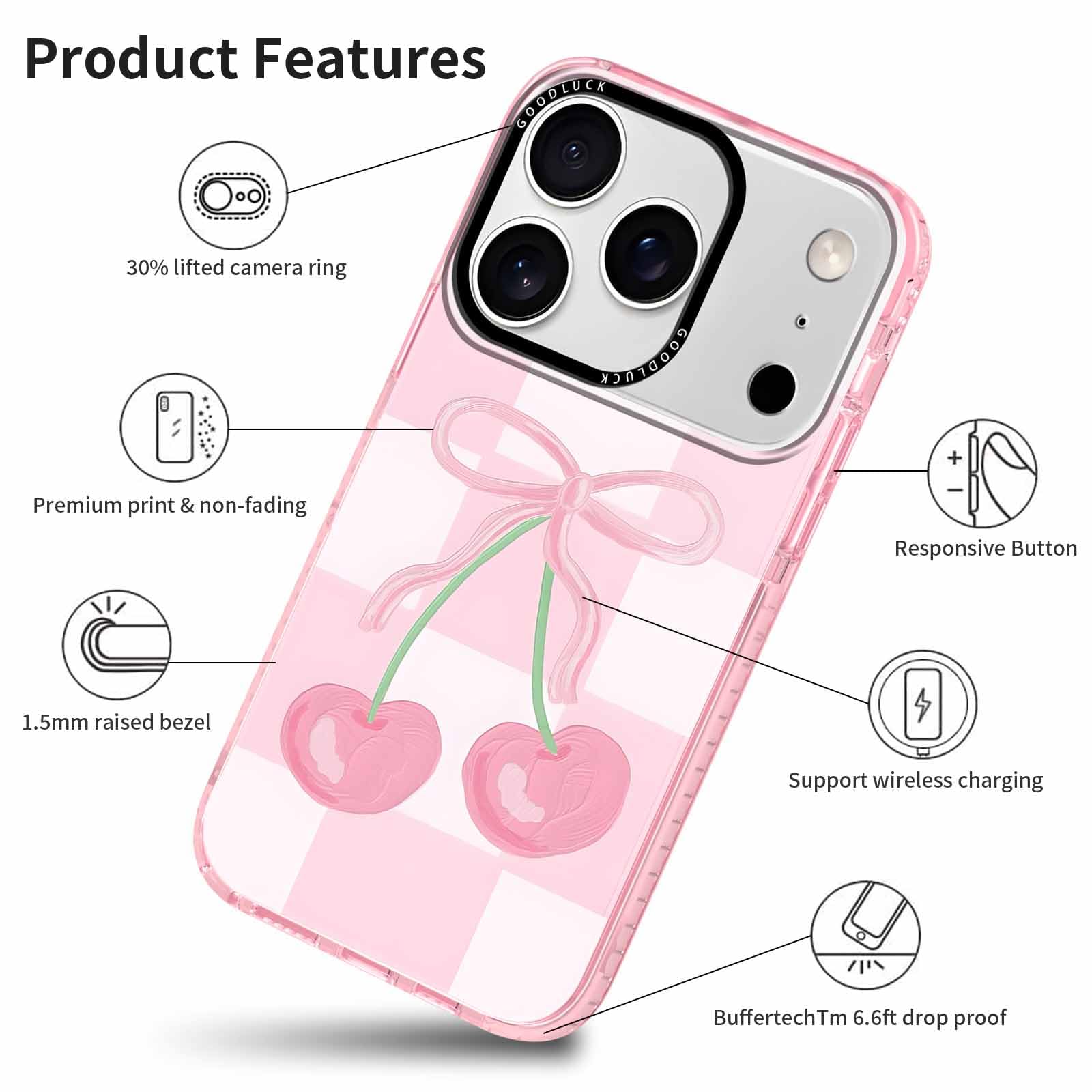Confezione da 2 custodie per telefono per iPhone 17 Pro da 6,3 pollici, estetica trasparente con nastro rosa ciliegia a scacchi, design stampato per donne e ragazze, custodia morbida sottile