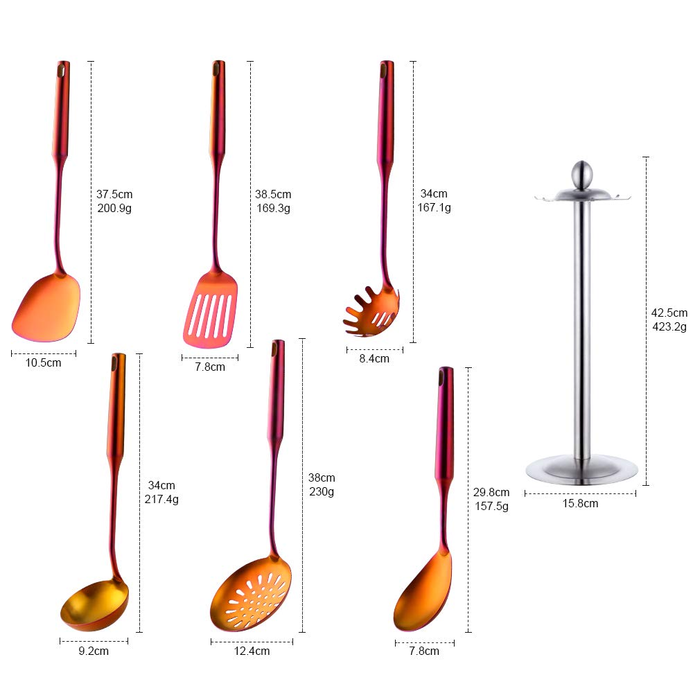 Ustensiles de cuisine 6 pièces acier inoxydable Écumoire Louche Spatule de Cuisine Tourneur à fente Riz Pasta Server avec support