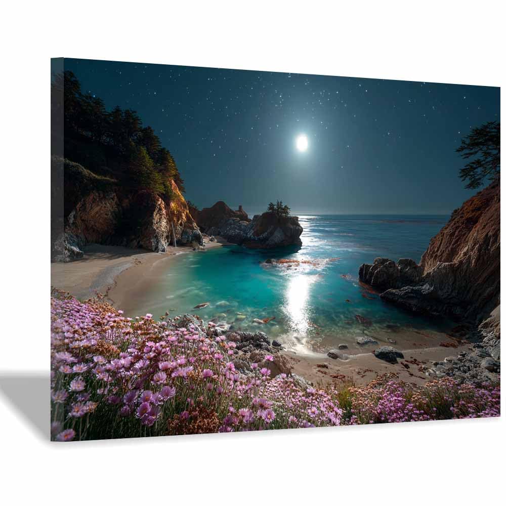 HOQIU Beautiful wall art Moonlit Cove wi Flowers canvas artwork for wall, art prints, For living room, bedroom, bathroom, dining room, painting and decor.(Multicolor)-30x40cm Framed